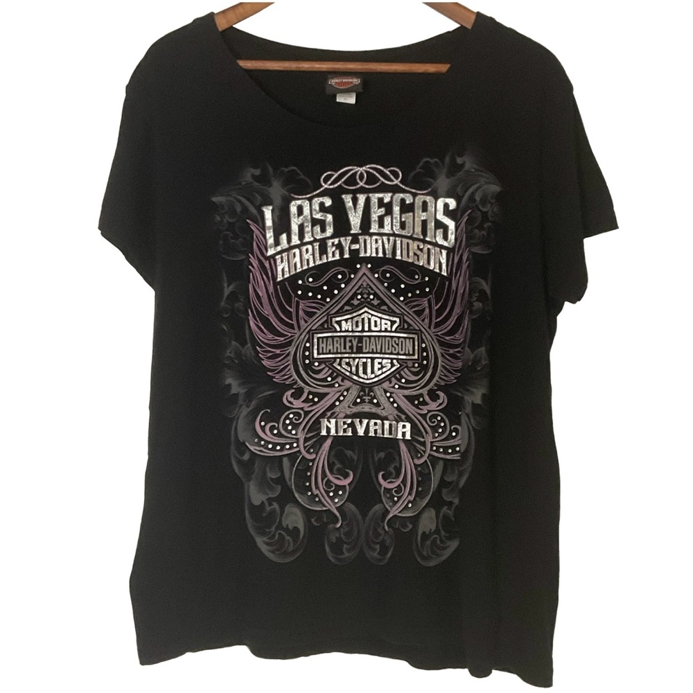 Harley-Davidson Blk Las Vegas scoop-neck graphic tee silver pink spade motif XL